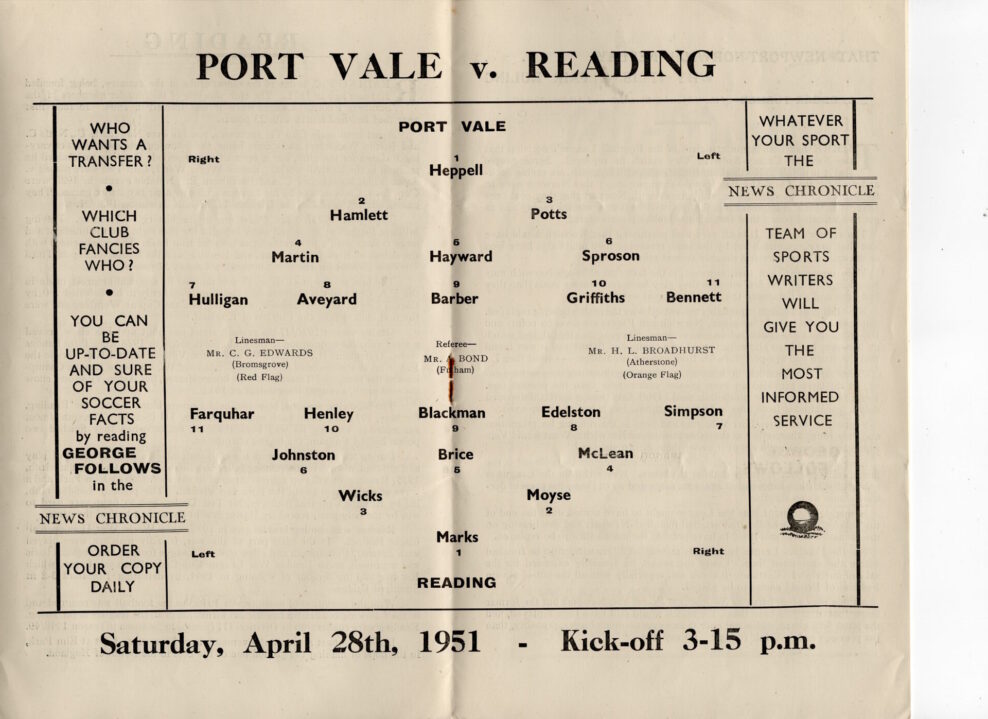 Port Vale v Reading programme, 1951