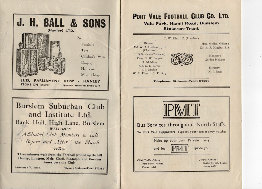 Port Vale v Reading programme, 1951