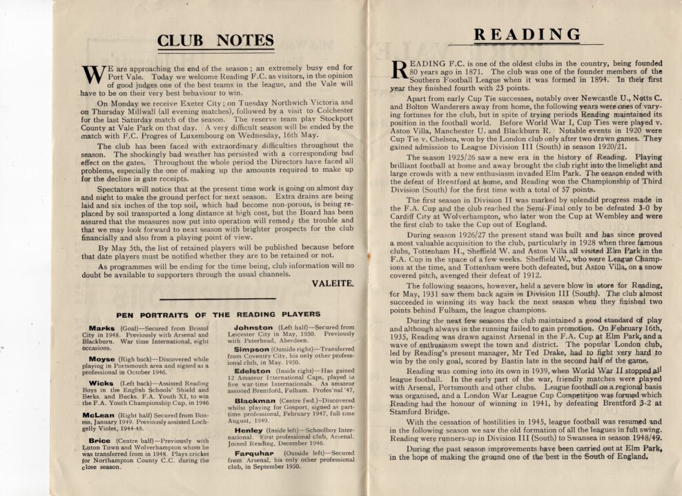 Port Vale v Reading programme, 1951