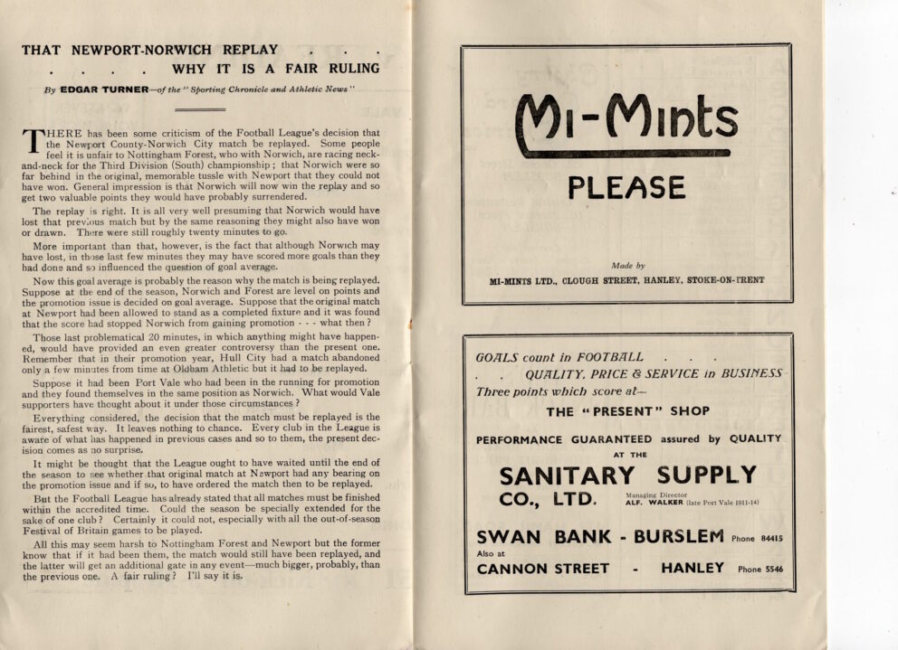 Port Vale v Reading programme, 1951