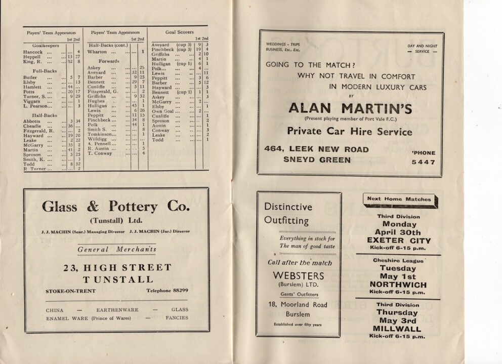 Port Vale v Reading programme, 1951