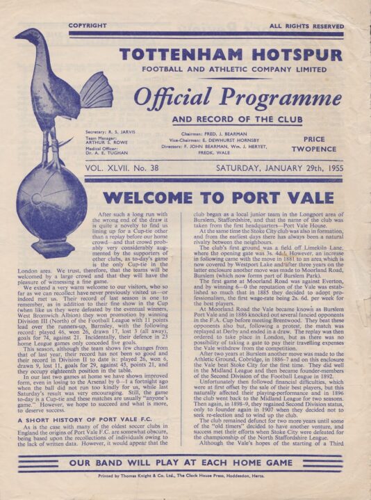 Tottenham Hotspur v Port Vale programme, 1955