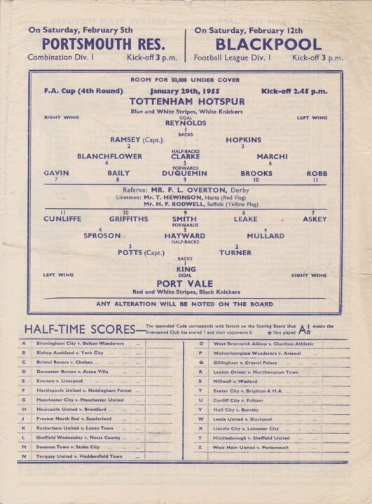 Tottenham Hotspur v Port Vale programme, 1955