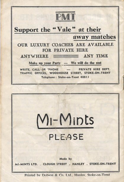 Port Vale v Aston Villa 1960 programme back cover
