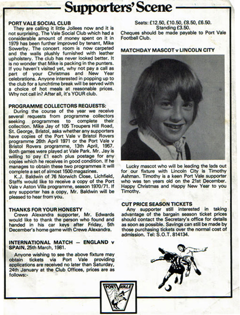Port Vale v Lincoln City programme, 1980
