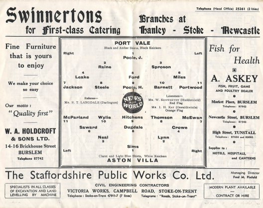 Port Vale v Aston Villa 1960 programme