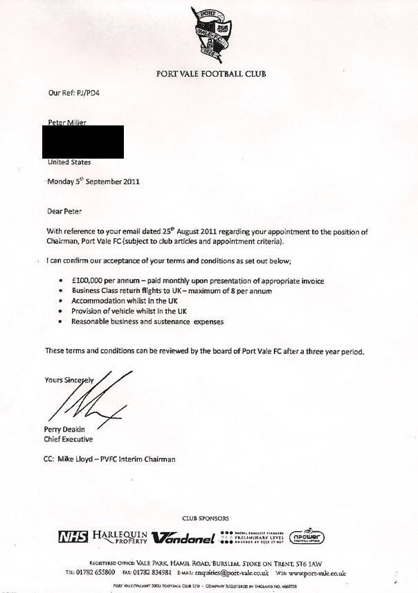 Copy of letter detailing Peter Miller's salary at Port Vale FC