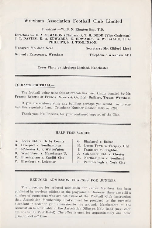 Wrexham v Port Vale programme, 1969