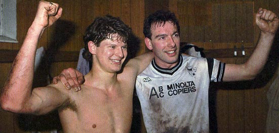 Ray Walker and Phil Sproson celebrate Port Vale's win over Spurs in 1988