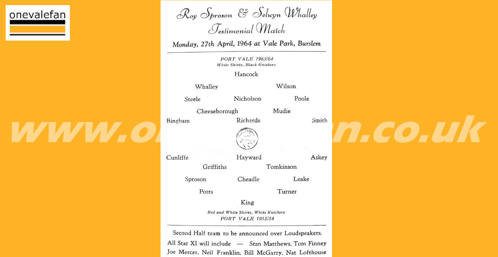 Sproson and Whalley’s testimonial programme, 1964