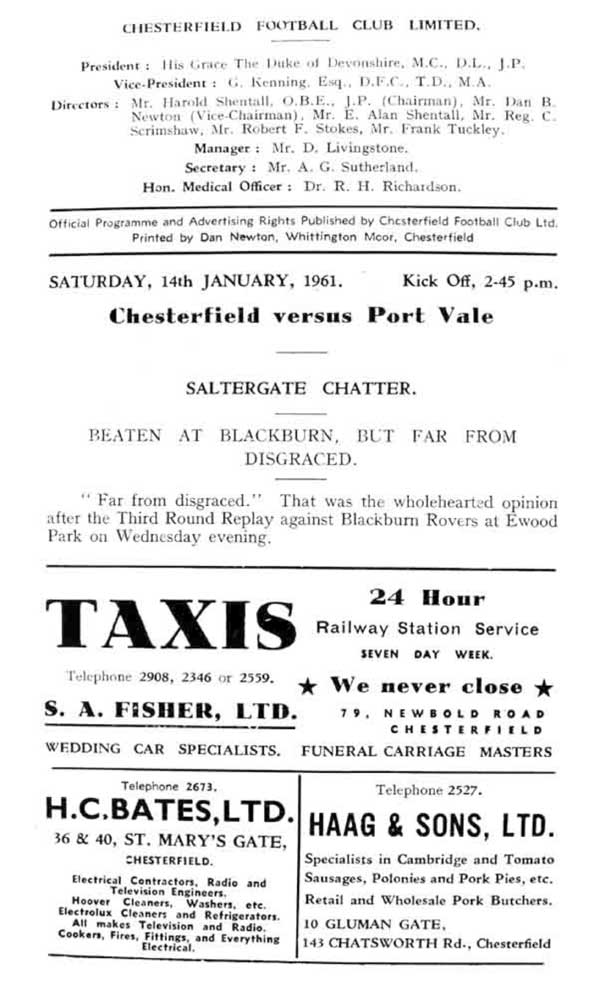 Chesterfield v Port Vale programme 1961 - 2