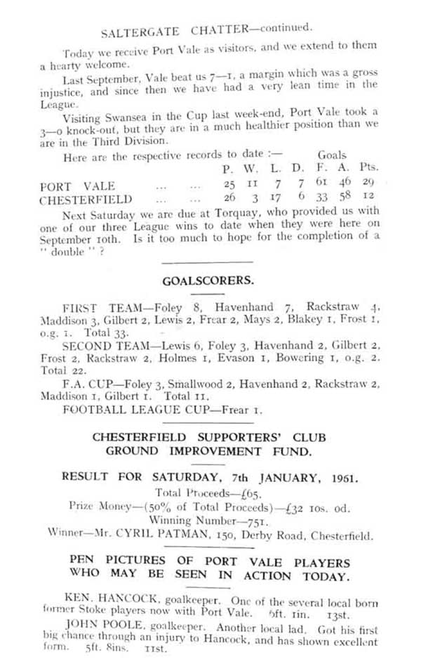 Chesterfield v Port Vale programme 1961 - 6