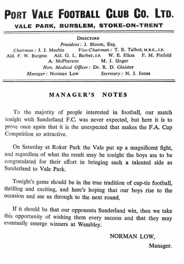 Port Vale v Sunderland programme 1962 - manager