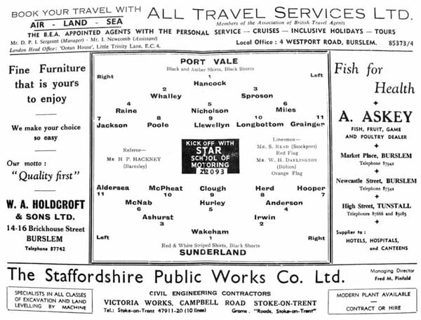 Port Vale v Sunderland programme 1962 - teams