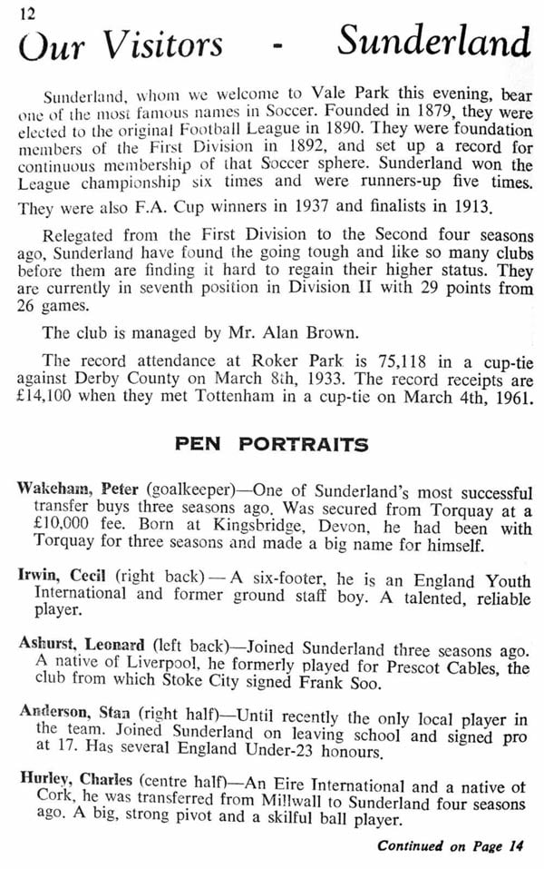 Port Vale v Sunderland programme 1962 - 