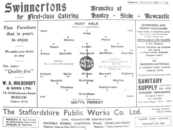 Port Vale v Nottingham Forest programme, 1957