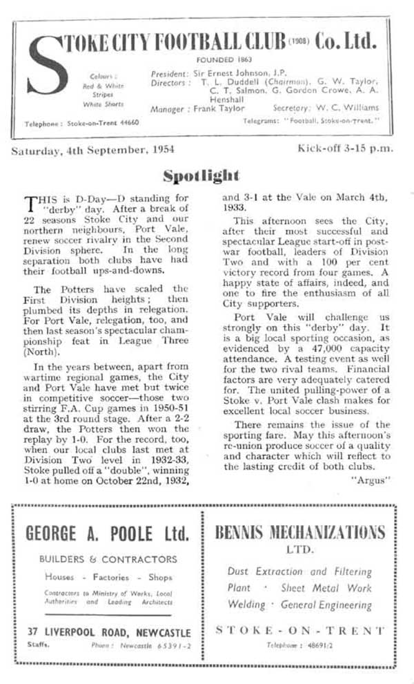 Stoke City v Port Vale, 1954 matchday programme