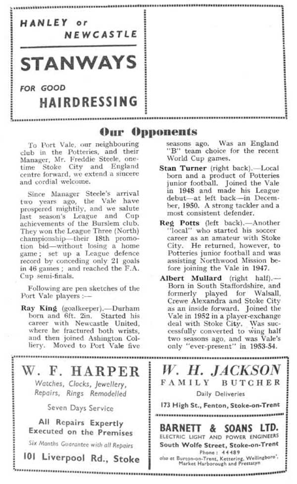 Stoke City v Port Vale, 1954 matchday programme