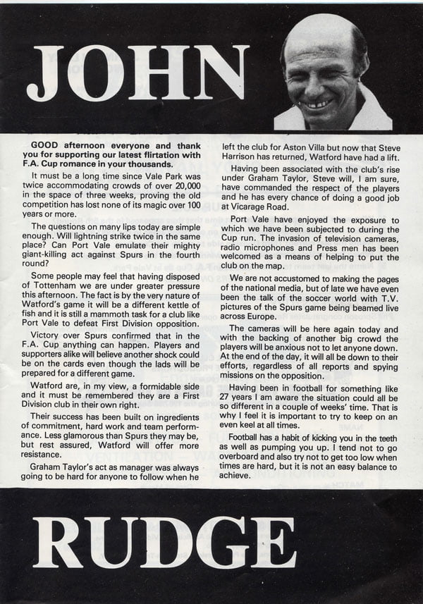 Port Vale v Watford programme, FA Cup 1988