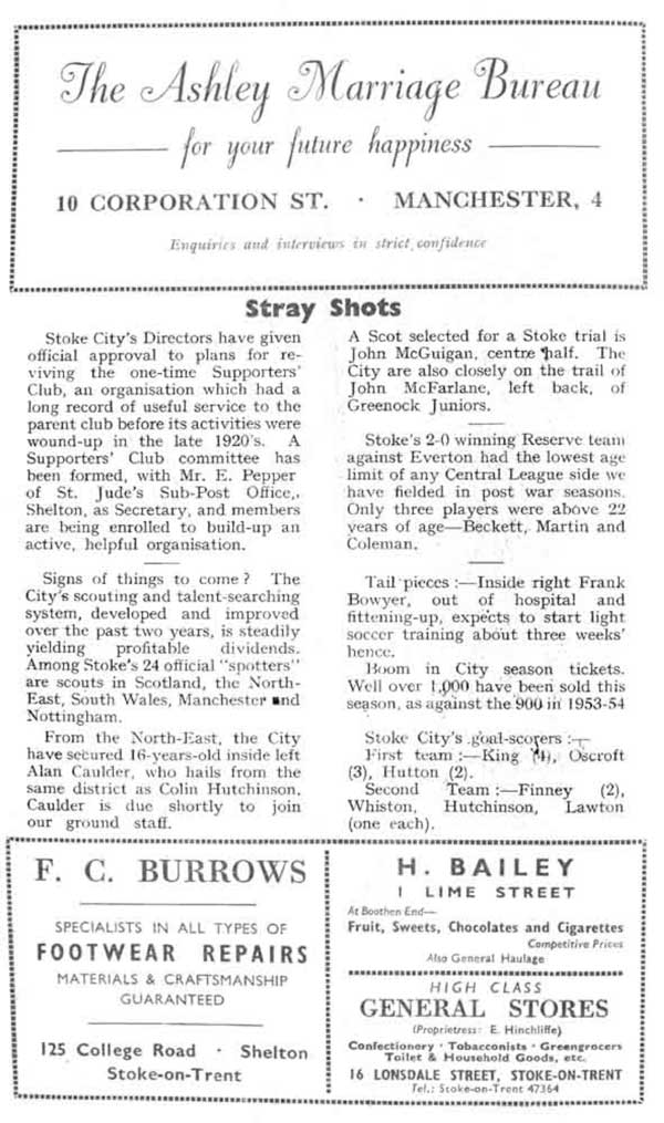 Stoke City v Port Vale, 1954 matchday programme