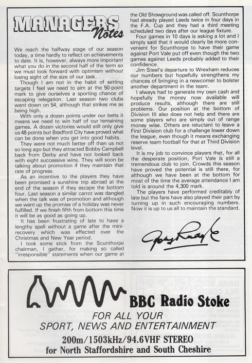 Port Vale v Wimbledon programme, 1984