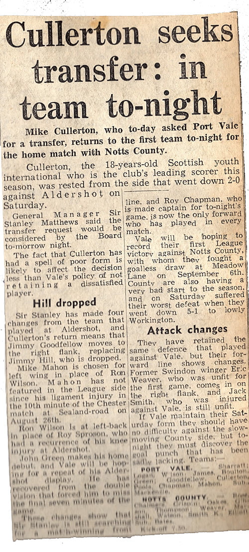 Press clipping - Mick Cullerton transfer request