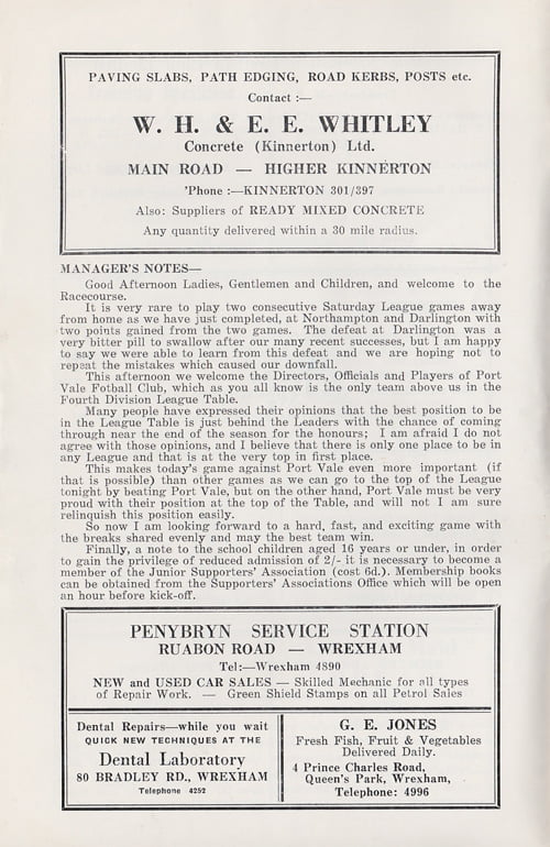 Wrexham v Port Vale programme, 1969