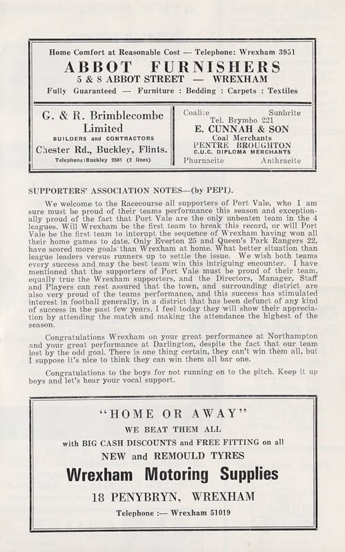 Wrexham v Port Vale programme, 1969