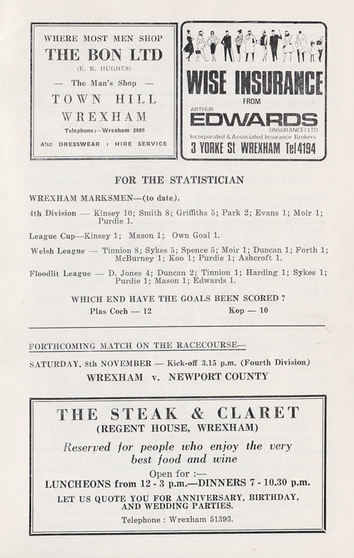 Wrexham v Port Vale programme, 1969