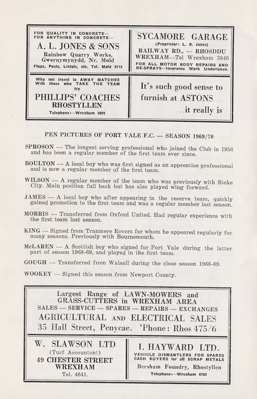 Wrexham v Port Vale programme, 1969