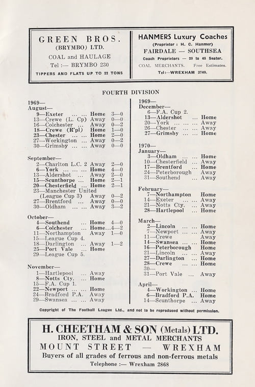Wrexham v Port Vale programme, 1969