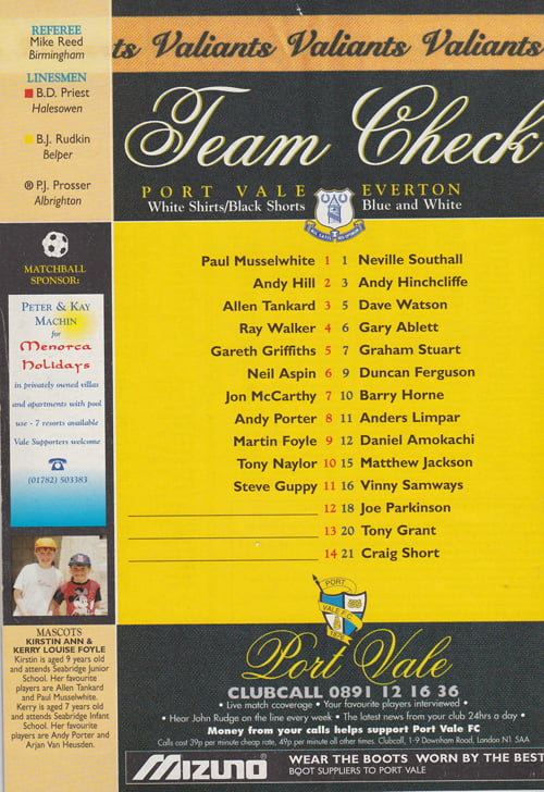 Port Vale v Everton matchday programme, FA Cup 4th round replay 1996