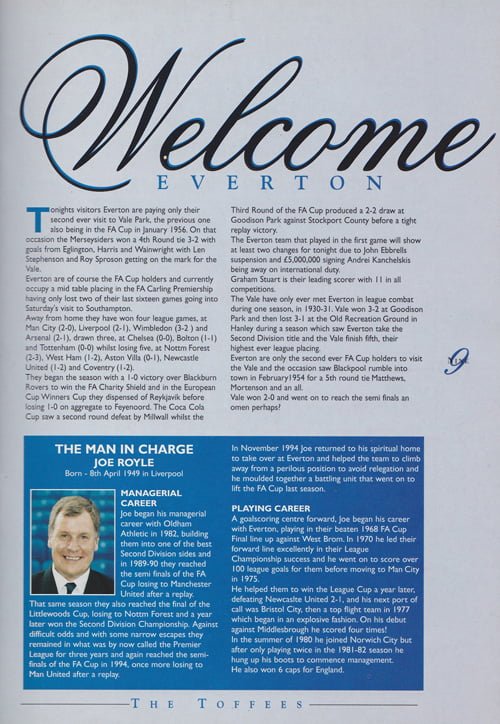 Port Vale v Everton matchday programme, FA Cup 4th round replay 1996