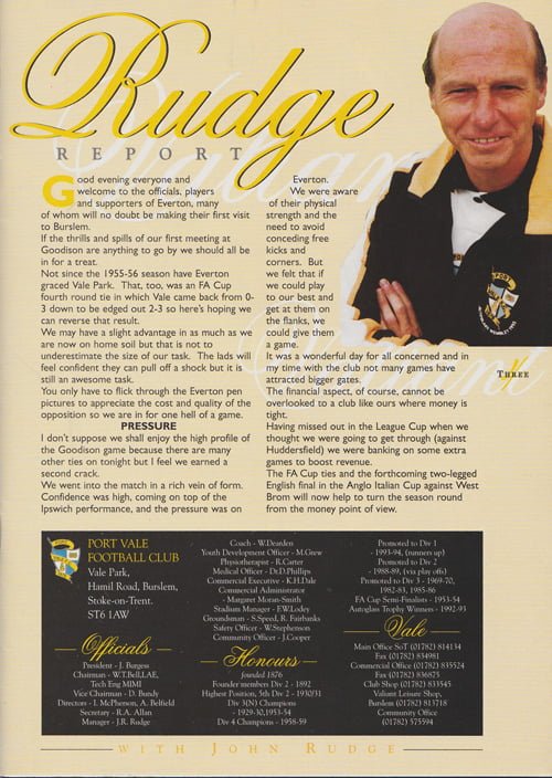 Port Vale v Everton matchday programme, FA Cup 4th round replay 1996