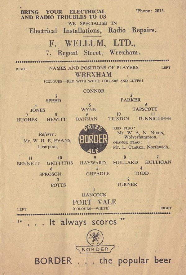 Wrexham v Port Vale programme 1952
