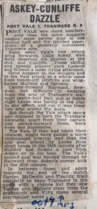 Press Clipping - Askey-Cunliffe Dazzle, Port Vale 2-0 Tranmere Rovers