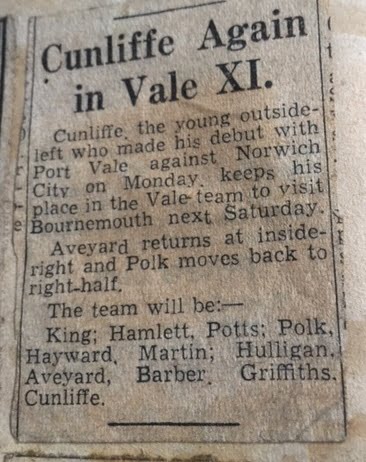 Press clipping from around 1950 about Port Vale player Dickie Cunliffe