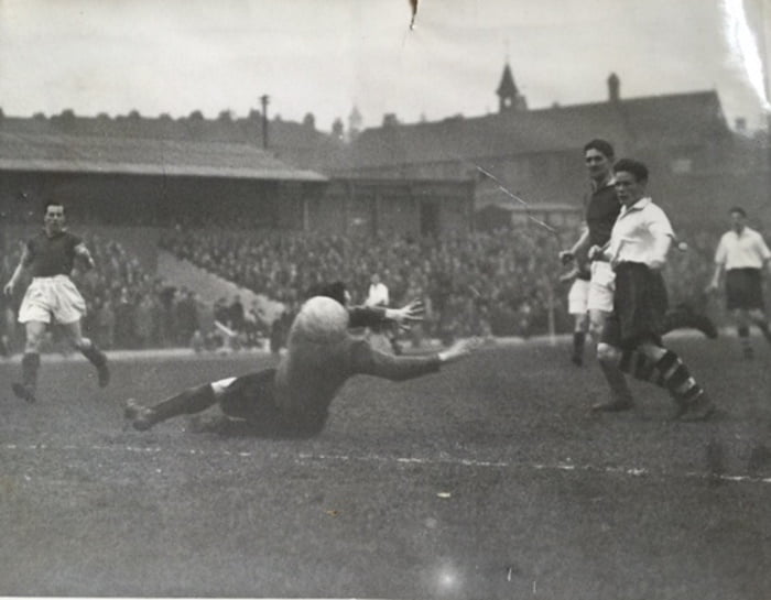 Port Vale player Dickie Cunliffe scores against unknown opposition - image courtesy of the Cunliffe family