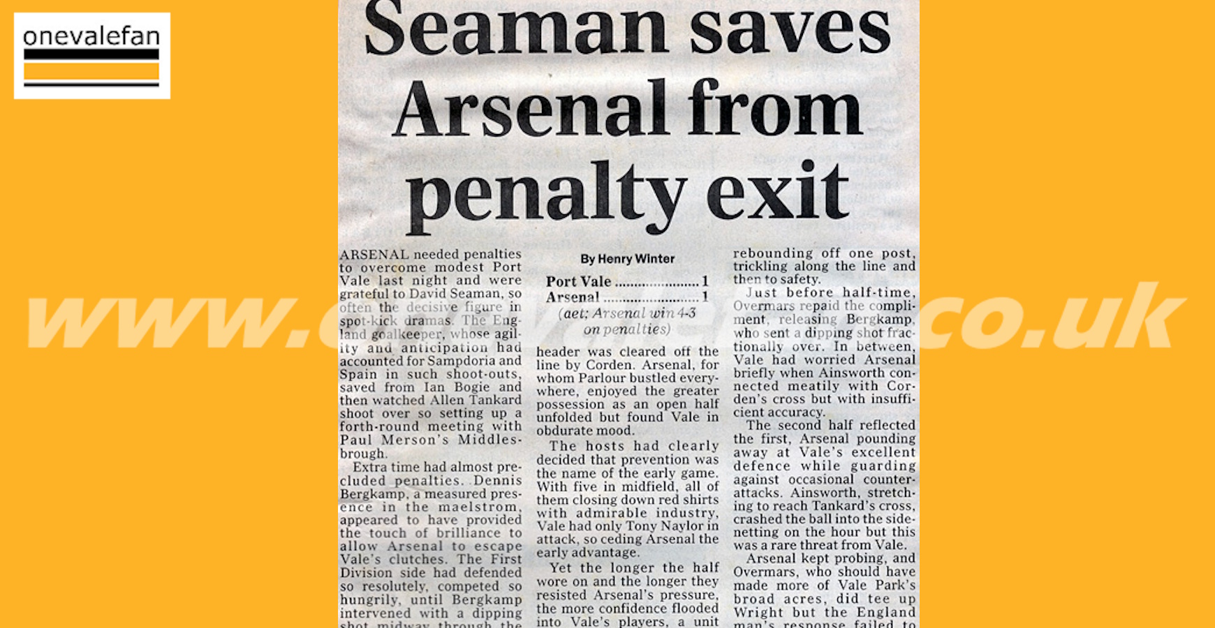 Clipping: a national press article on Port Vale’s 1-1 home draw with Arsenal, 1998