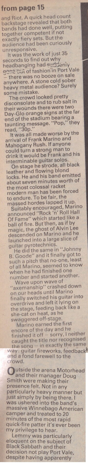 Melody Maker report on the Port Vale Heavymetal Holocaust concert