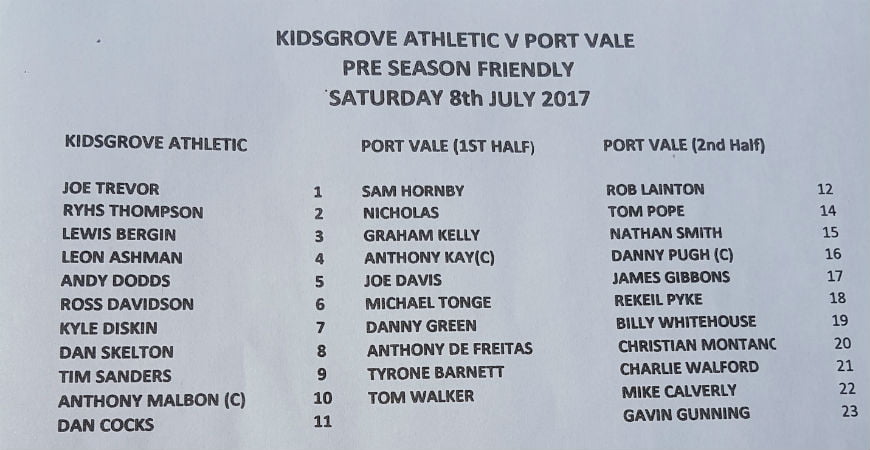 Kidsgrove v Port Vale team sheet