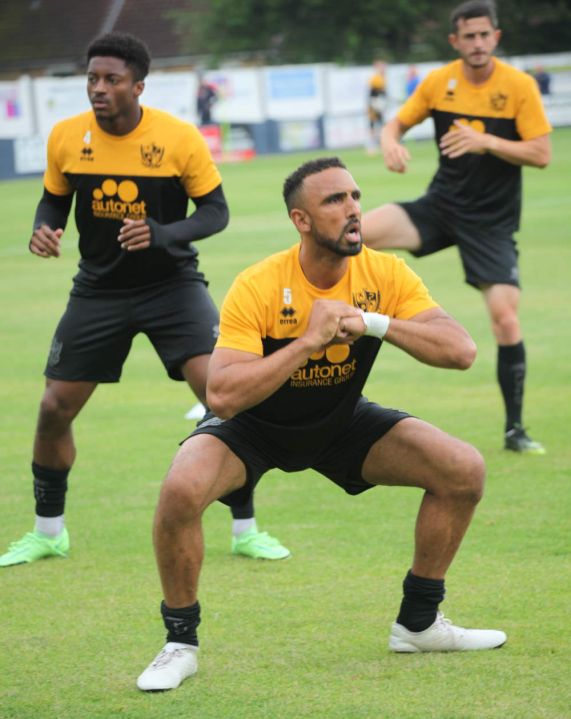 Leon Legge warms up against Newcastle Town, 2021