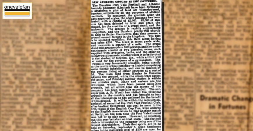 Clipping: Port Vale to buy Cobridge Ground, 1886