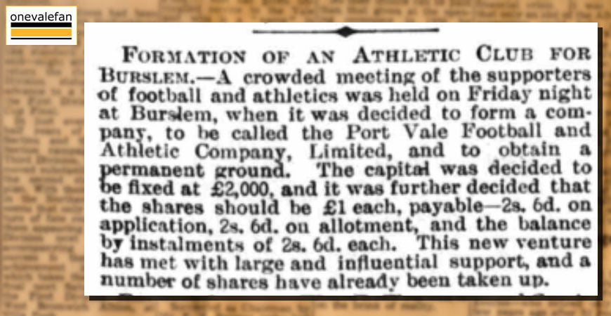 Clipping: Formation of Port Vale Athletics Club, 1885