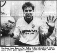 Andy Jones celebrates scoring five against Newport