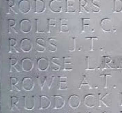 Leigh Roose's name on the Thiepval Memorial in France
