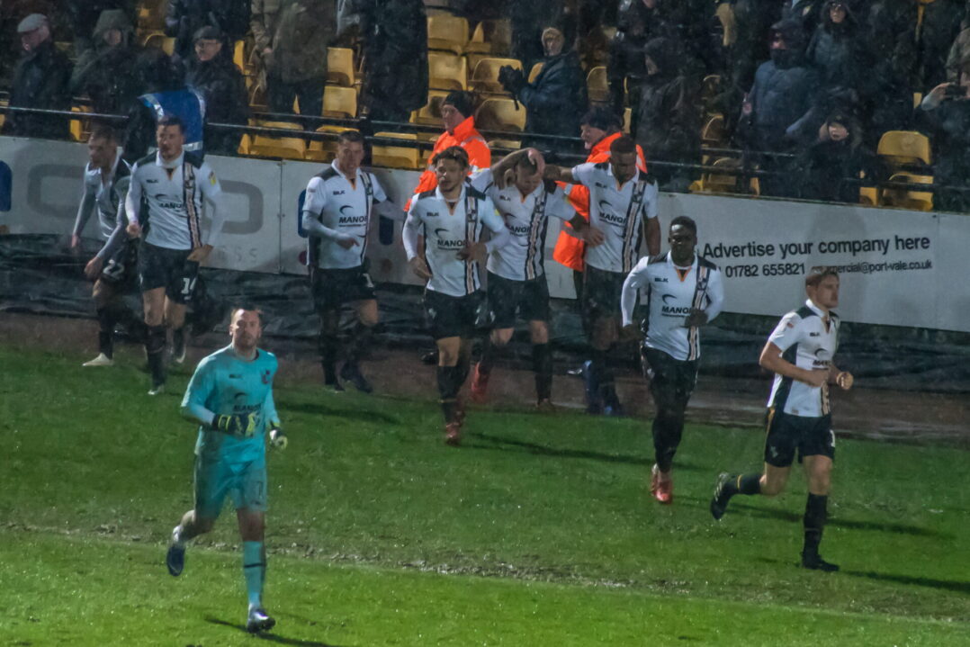 Vale players celebrate Antony Kay's late equaliser versus Cheltenham