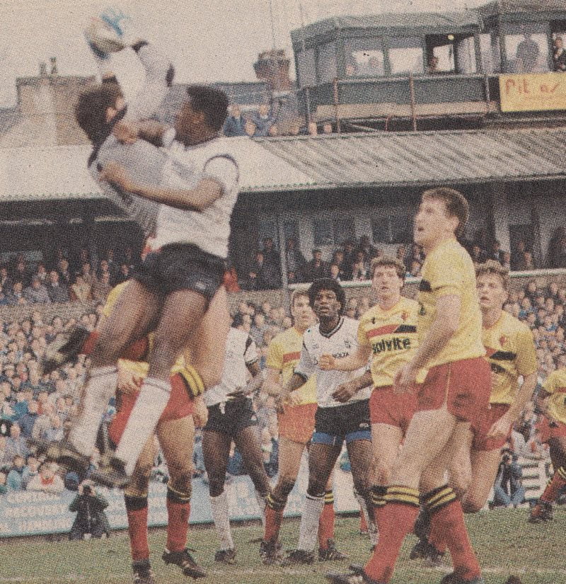 Darren Beckford challenges Tony Coton during Port Vale's 0-0 FA Cup draw with Watford 1988