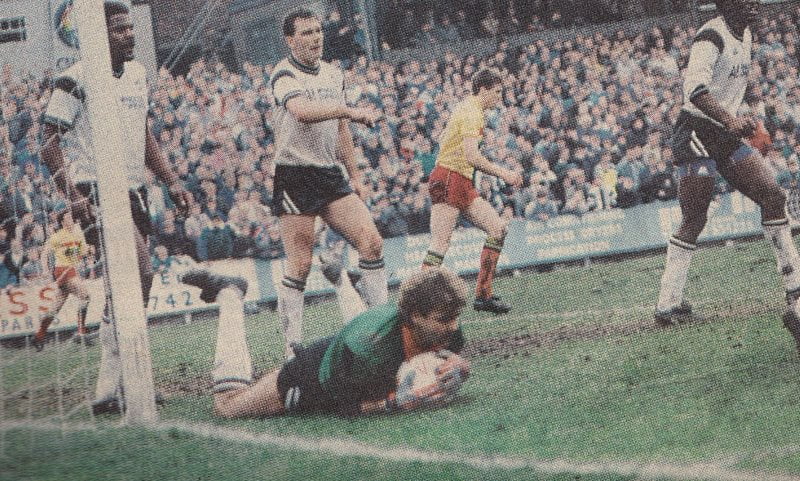 Mark Grew makes a save during Port Vale's 0-0 FA Cup draw against Watford 1988