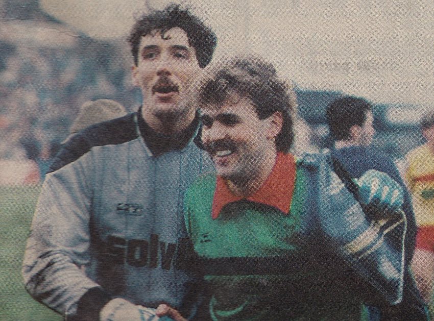 Goalkeepers Tony Coton and Mark Grew after the 0-0 FA Cup draw between Port Vale and Watford 1988